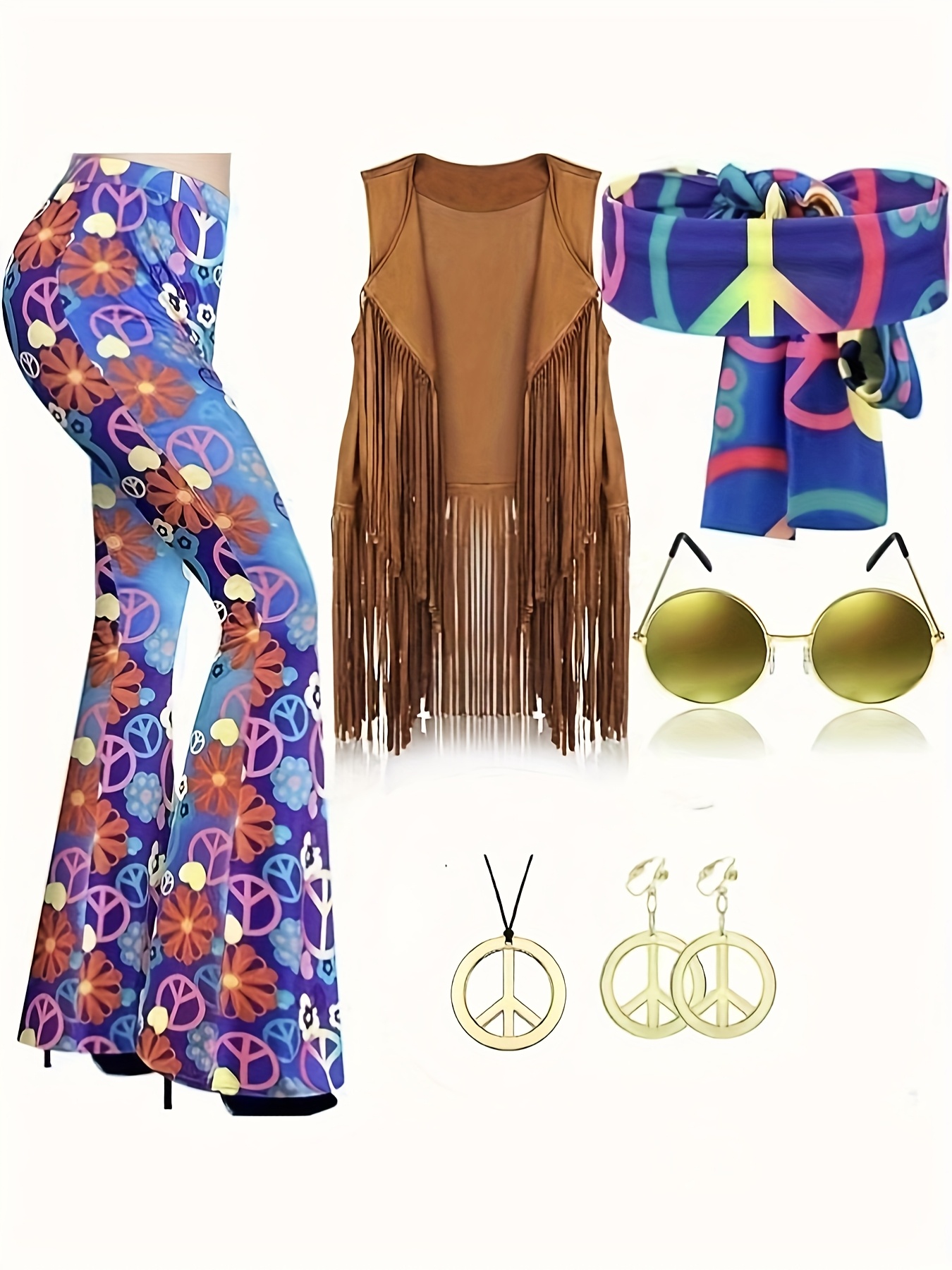 piezas de conjunto hippie para mujer de 60 y 70, pantalones  acampanados chaleco con y accesorio de de paz