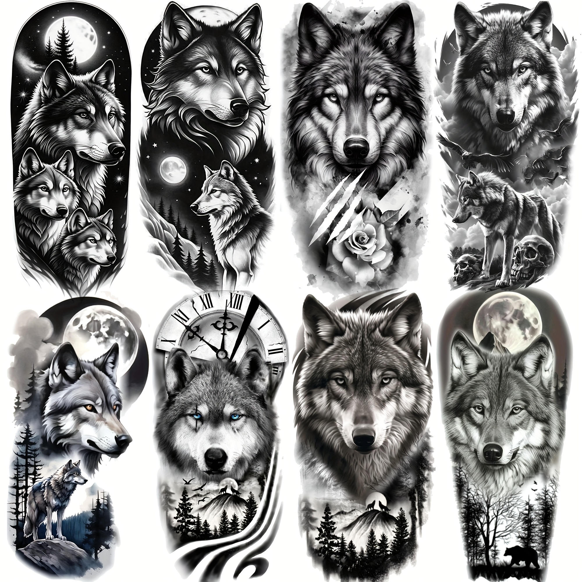 TEMU 8 Sheets Creative Forest Wolf Temporary Tattoos For Men Women Adults Arm Leg Tatoos, Long Lasting Realistic Wolves Family Fake Tattoo Sticker
