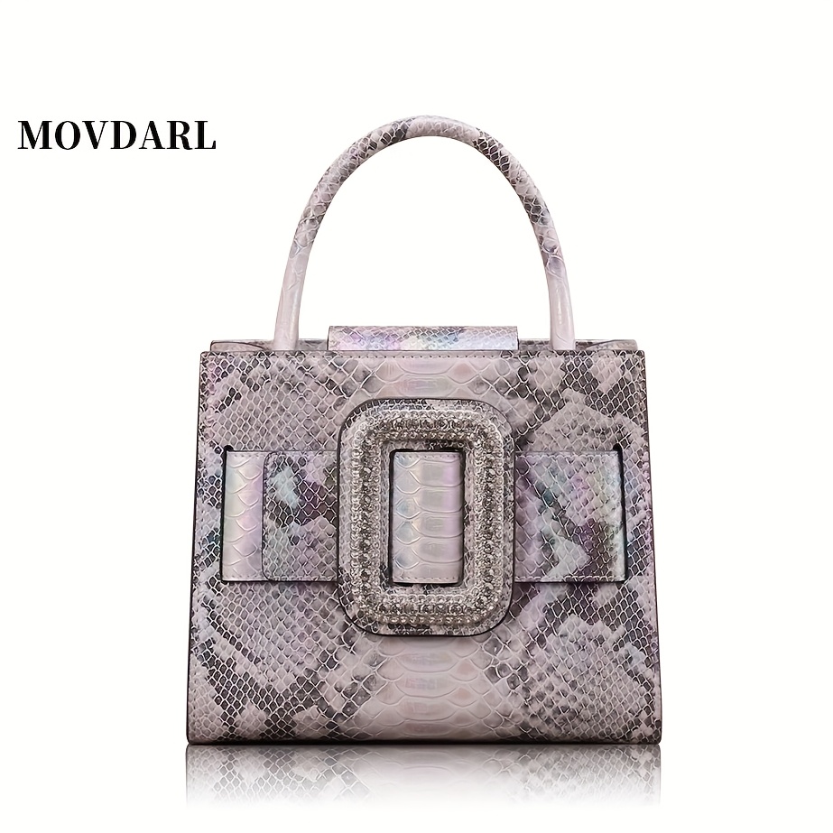 

Vintage Style Handbag With Snake Print And Rhinestone Embellishment, Removable Strap, Magnetic Closure, Polyester Lined, Painted - Elegant Shoulder Bag For Women, Best For Christmas