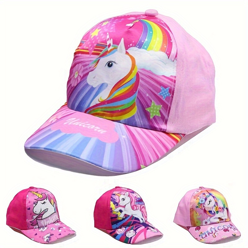 

1pc Kids Girls Unicorn Pattern Outdoor Baseball Cap, Adjustable Uv Protection Duckbill Cap With Rainbow Floral Print, For Children, Cotton, Elastic, Foldable