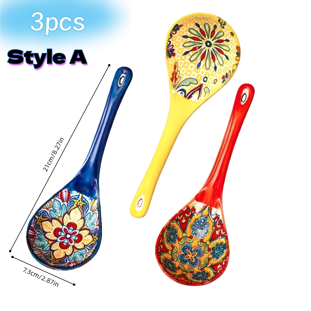 Image of 3pcs Bohemian Ceramic Soup Ladle Set, Kitchen Utensils, Dishwasher Safe, Extra Large Soup Ladle, Big Soup Spoon, Ramen Ladle, Suitable For Home, Restaurant, And Buffet Use