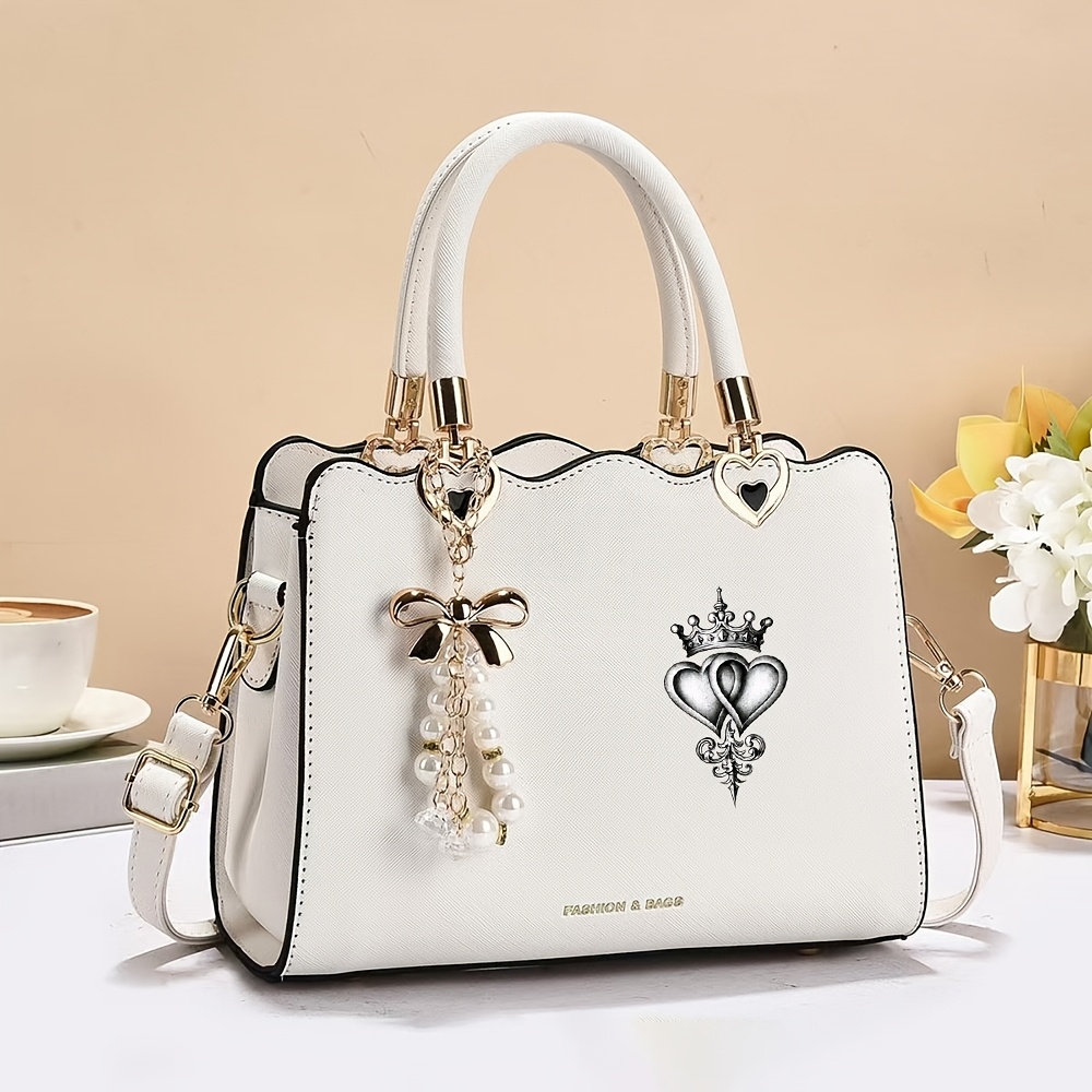 TEMU 1pc Women's Handbag With Bow & Crown Floral Crossbody Bag, Adjustable Strap Suitable For Daily Commuting, Detachable Strap & Zipper Closure,
