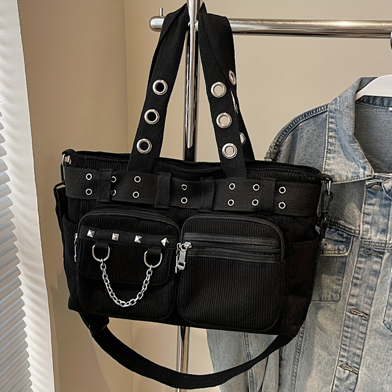 Corduroy New Women's Fashion Solid Color Rivet Decor Gothic Crossbody Bag, Chain Decor Gothic Adjustable Shoulder Strap Shoulder Bag, Multi-zipper Multi-compartment Multi-pocket Tote Bag