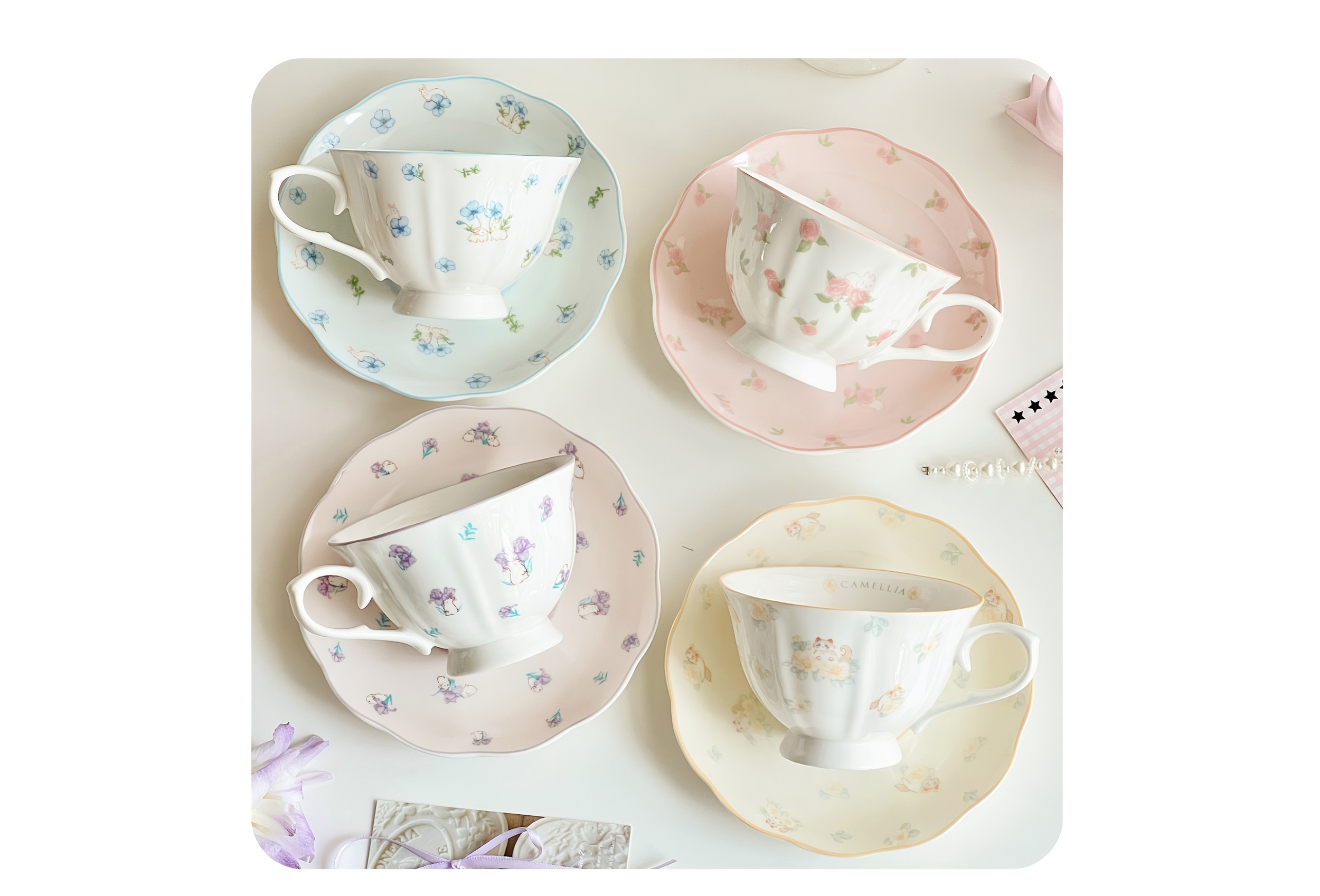elegant vintage french inspired teacup and saucer set whimsical floral and animal   for afternoon tea coffee or decor   matching spoon 4pcs set porcelain bone china best for christmas   thanksgiving Product details 3