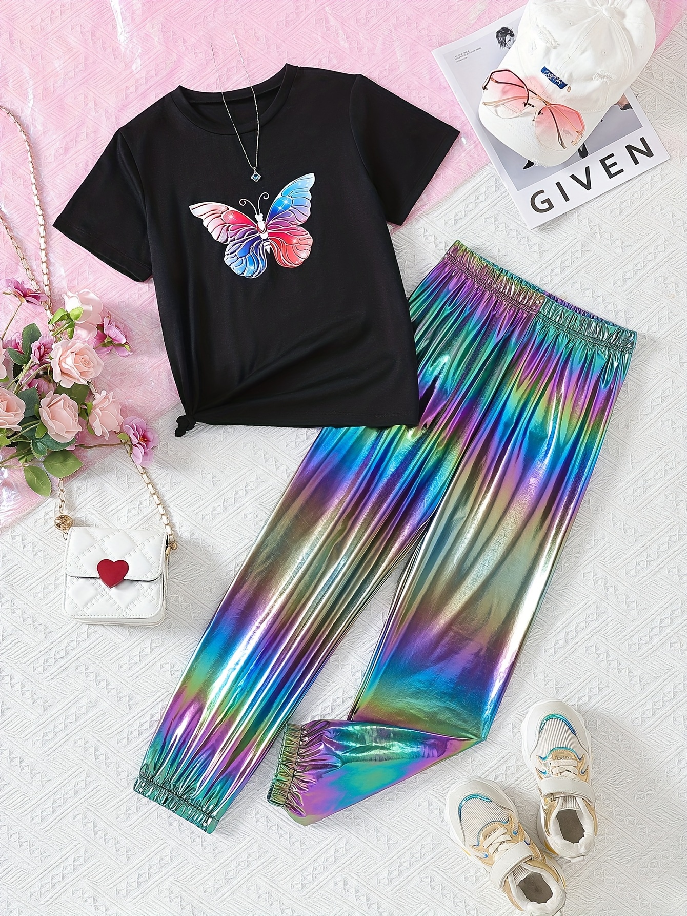 Girls Cropped T shirt Cami Tank Top Butterfly Print Jogger - Temu