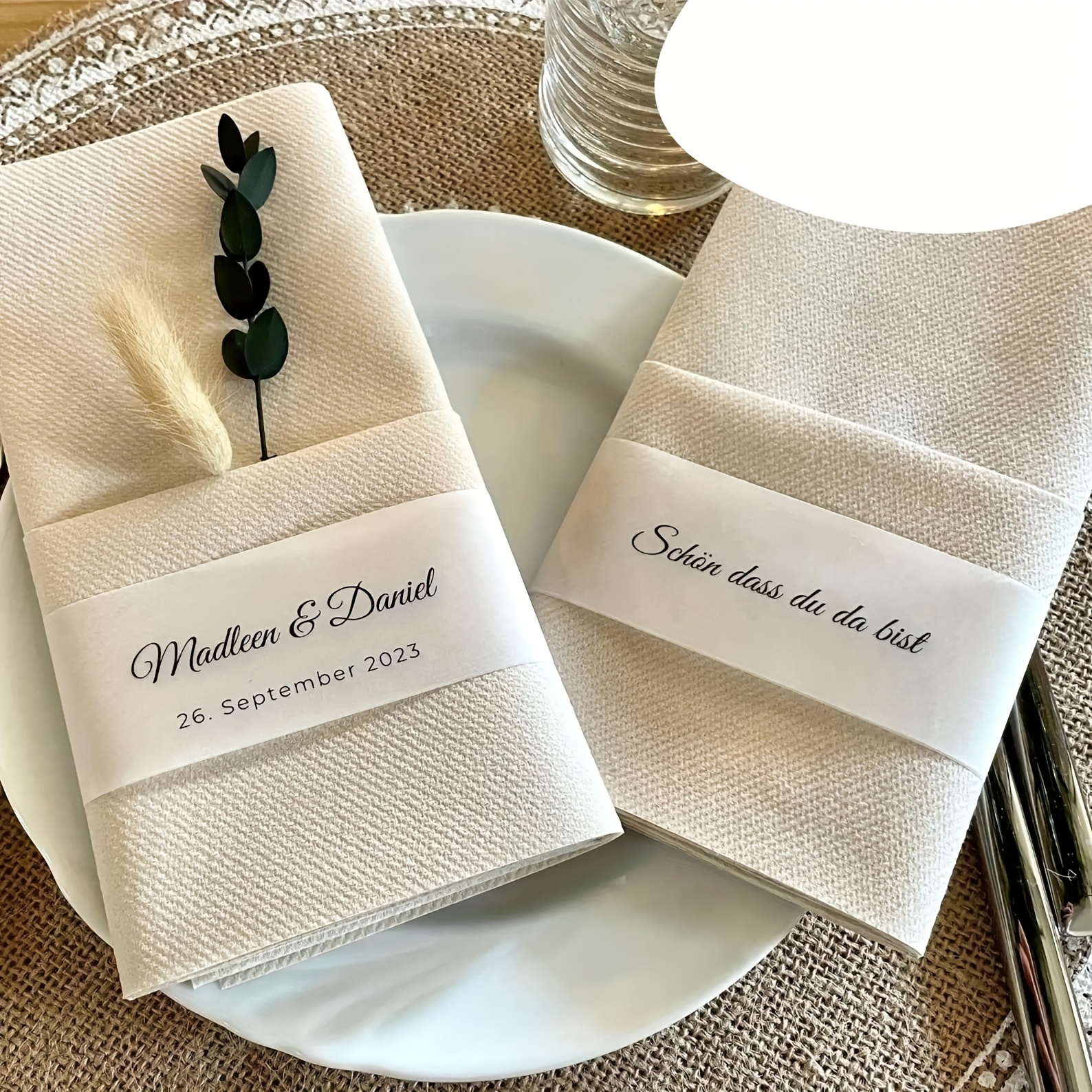Personalized Napkin Ties For Wedding Engagement Table Decor, With Name And Date Frosted Paper Serviette Embellishments