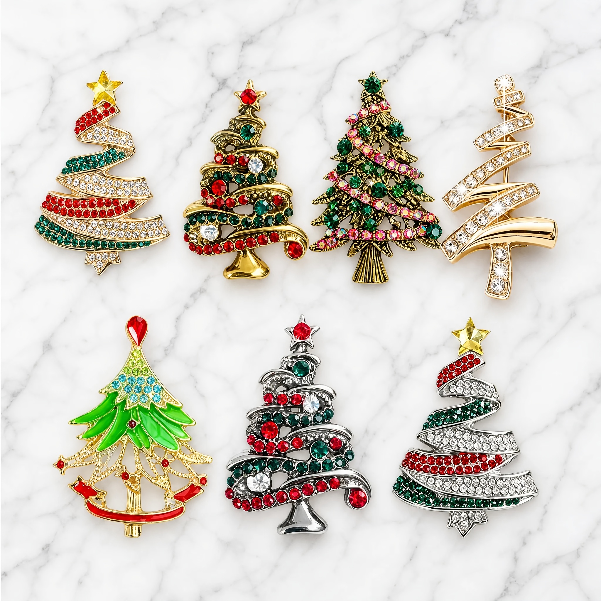 TEMU 7pcs Christmas Style Christmas Tree Combination Pin Set With Spiral Hollow Out Colorful Rhinestone And Glaze Mixed Christmas Tree Pins For
