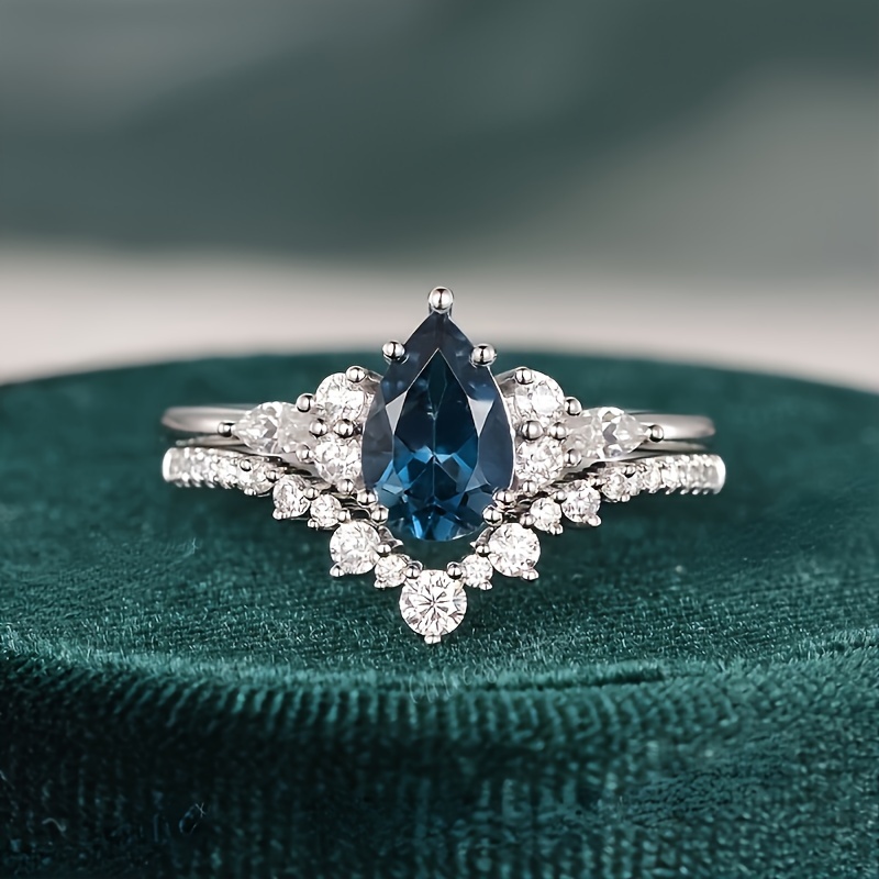 

2pcs Classic Water Drop Blue Synthetic Zircon Rings, Fashionable Retro Jewelry Accessories