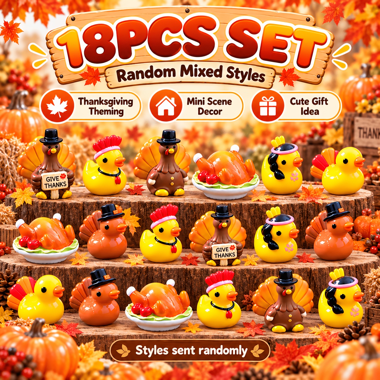 TEMU 18pcspcs 18pcs Miniature Figurines Suitable For Thanksgiving Turkey & Duck Decorations, Resin Tabletop Decor With Random Cute Turkey Duck