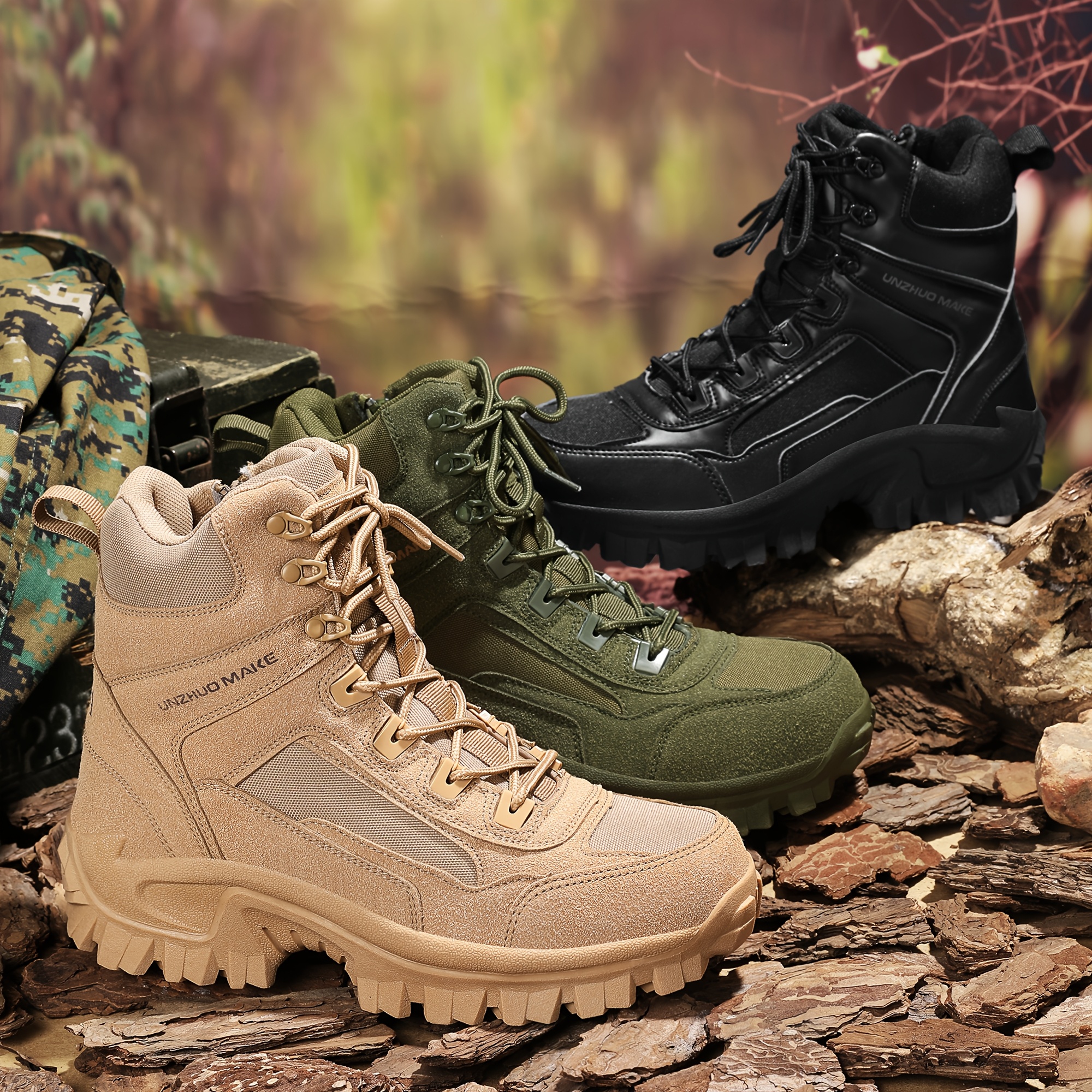 Men's Solid High Top Hiking Boots, Comfy Non Slip Lace Up Durable Sneakers For Men's Outdoor Activities