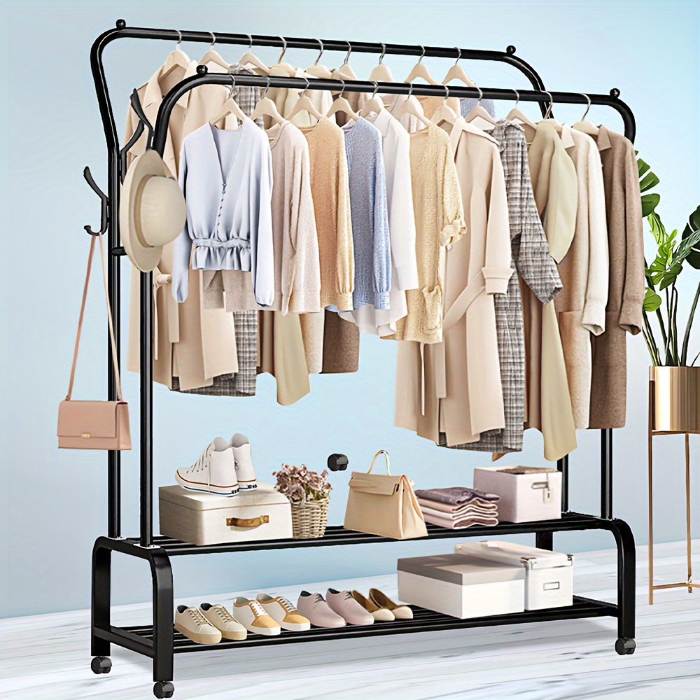 

Clothes Rack With Wheels Double Pole Clothes Hanger With Shoe Rack, Portable Clothes Hanger Organizer And Storage System With Side Hooks. Clothes Hanger For Cloakrooms, Bedrooms, Entrances