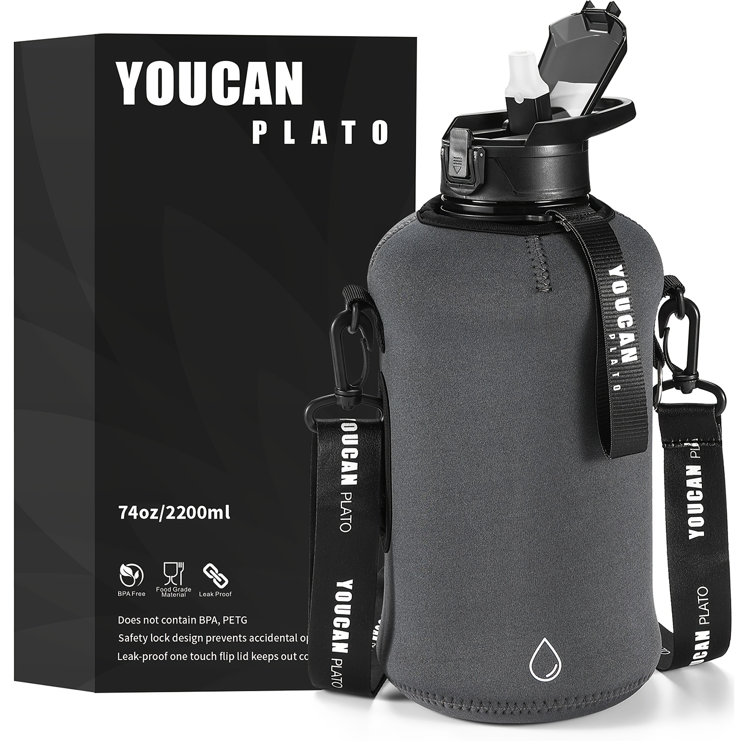 TEMU 2200ml/55.2oz Water Bottle, Large Water Bottle, Outdoor Water Bottle, Fitness Water Bottle, Sports Water Bottle With Cup Sleeve, Strap