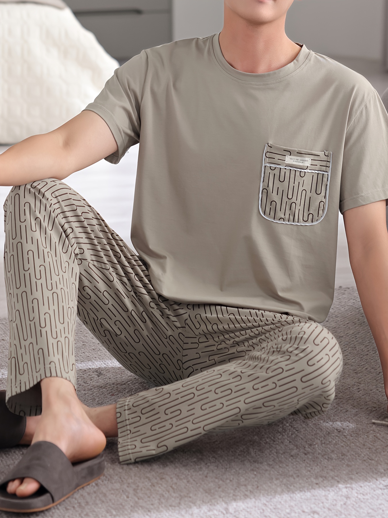 Men's Lightweight Cotton Pajama Set - Casual Solid Color Short Sleeve Tee & Pants, Breathable Summer Sleepwear with Pockets