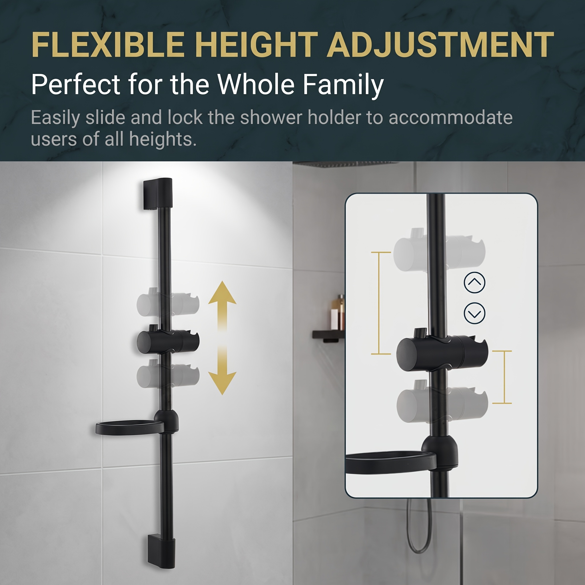 Adjustable Height Shower Riser Rail with Heavy-Duty Brackets