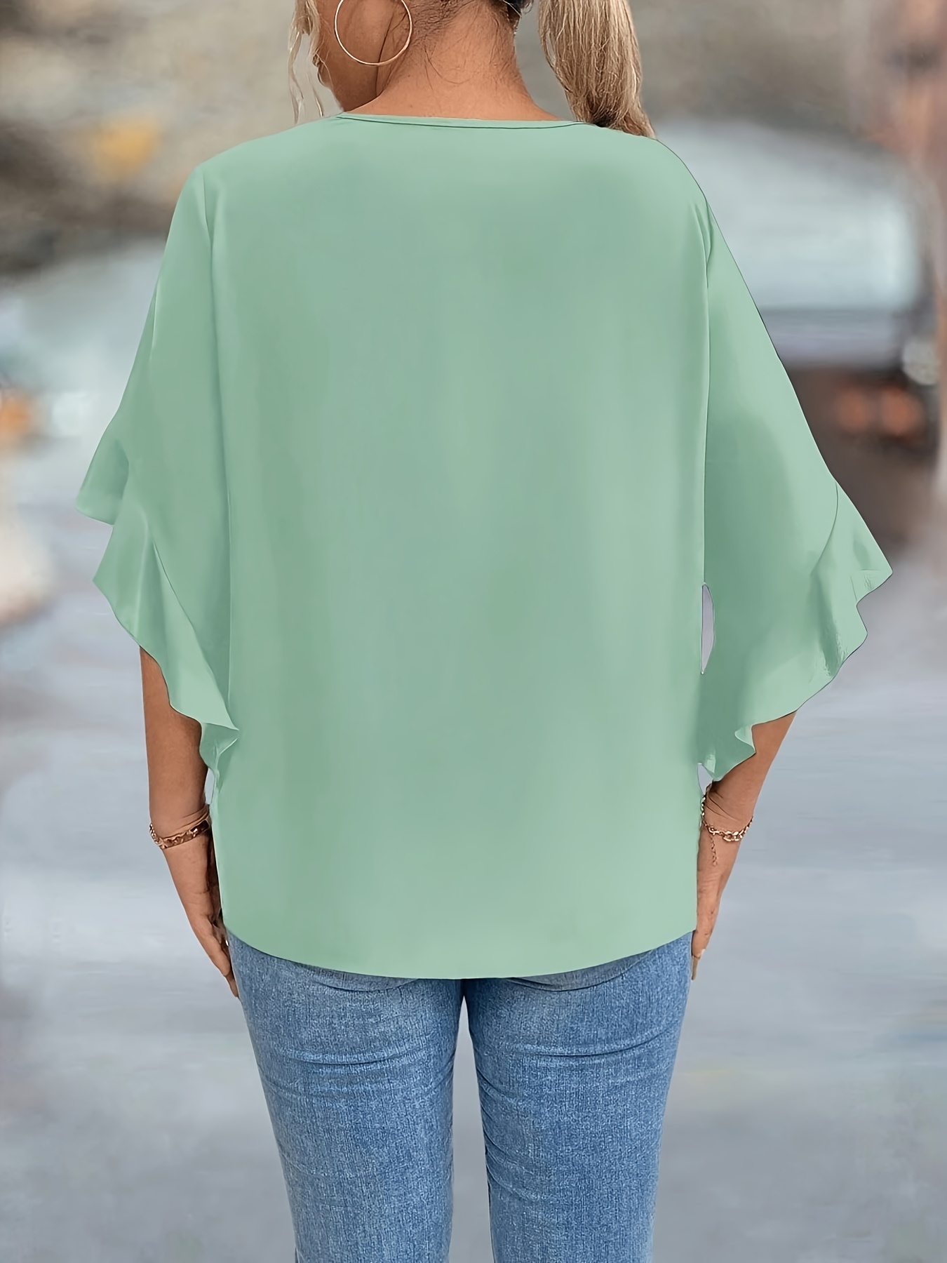 Women'S Plus Size V-Neck Blouse - Soft Pink, Ruffled Sleeves, Casual Summer Top with Golden Chain Detail, Casual Wear|Ruffled Sleeve Top|Vneckline Top