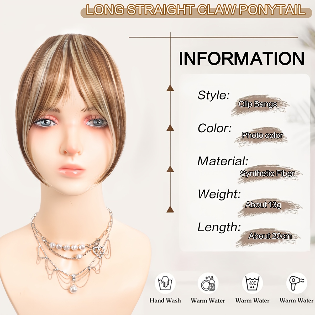chic look elegant brown blonde clip in bangs wig for women fluffy synthetic hair with   fringe high temperature resistant versatile styling options short hair wig details 7