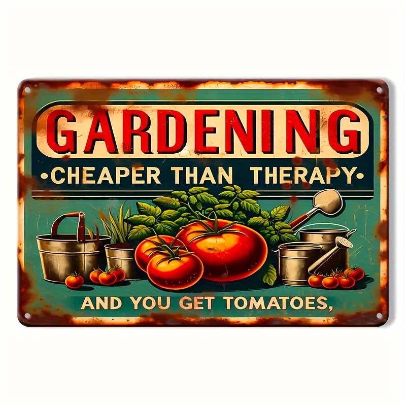 

Vintage Metal Gardening Sign - Cheaper Than Therapy Quote With Tomato Graphics - Wall Mountable Decorative Plaque For Home & Garden - Weatherproof, Pre-drilled, Multiuse Indoor/outdoor Wall Art