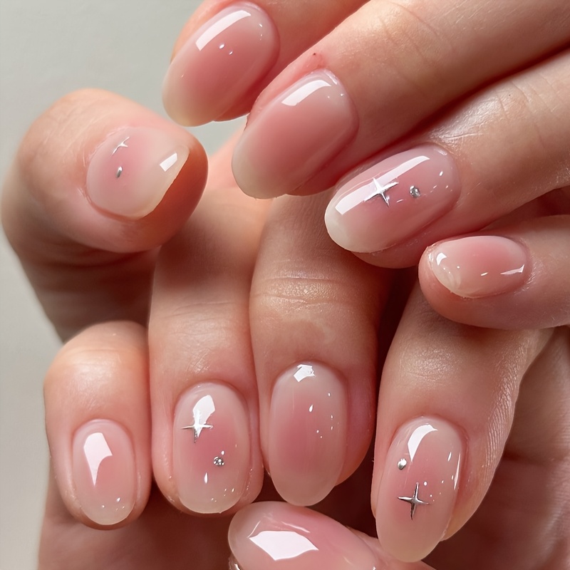 TEMU 30pcs Artificial Nails Short Press-on Almond Shape, Nude Pink Gradient Women's Fake Nail Sheets , Suitable For Daily Life, Parties, Dates, ,