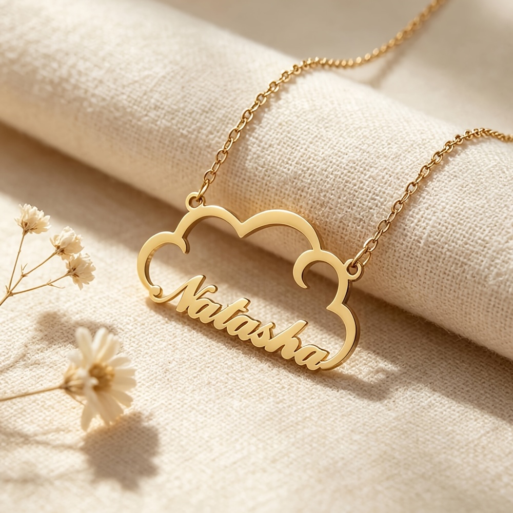 Personalized Golden Name Necklace, Custom Cloud Design Jewelry Gift