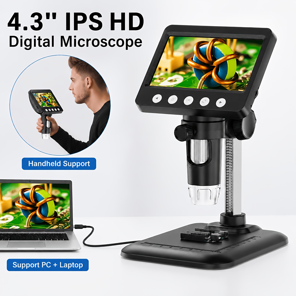 4,3-palčni digitalni mikroskop, 1600X mikroskop za kovance, 2MP kamera za snemanje , povečevalnik za kovance z 8 nastavljivimi LED lučmi,
