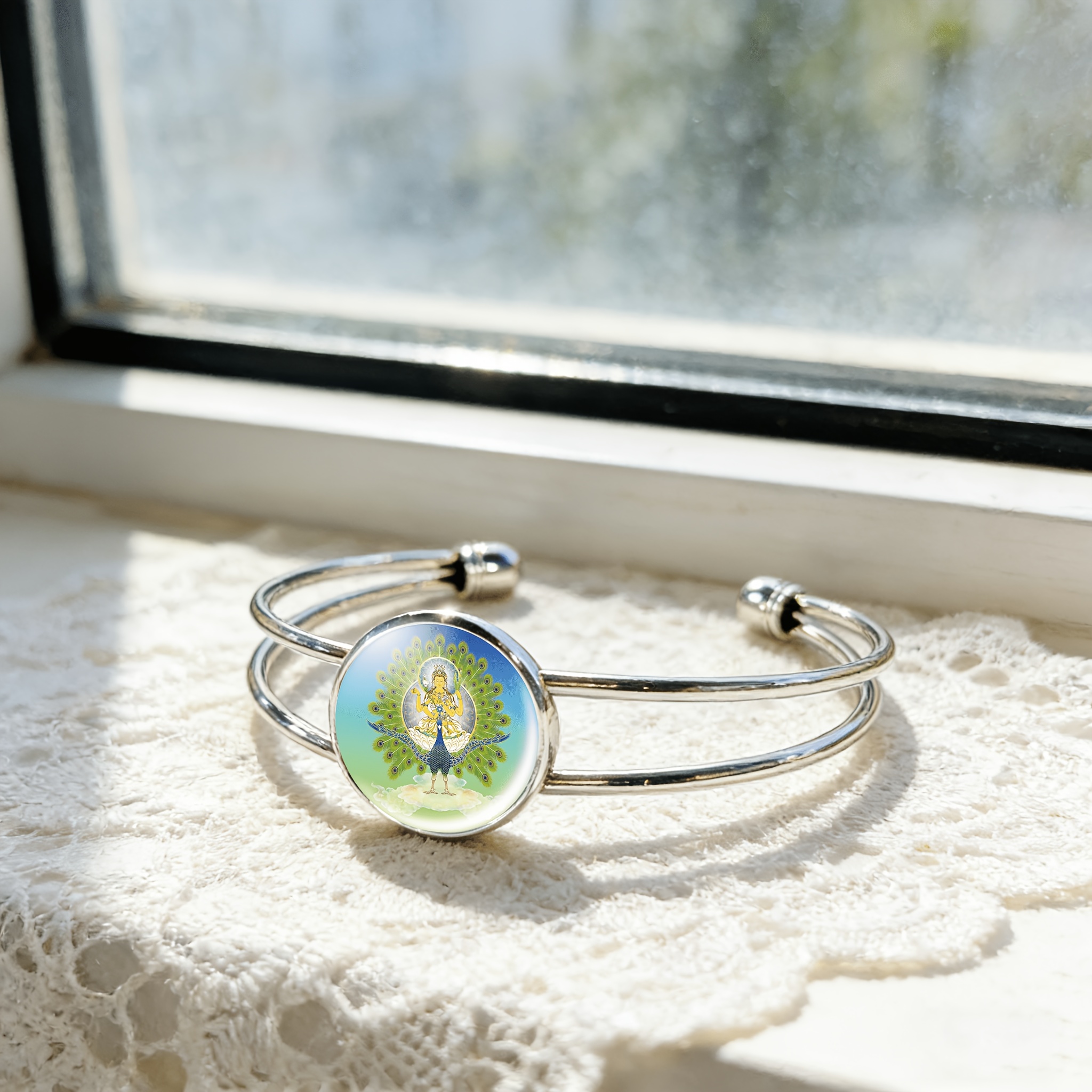 Women's Adjustable Open Bangle with Round Time Gemstone Inlay, Peacock King Design