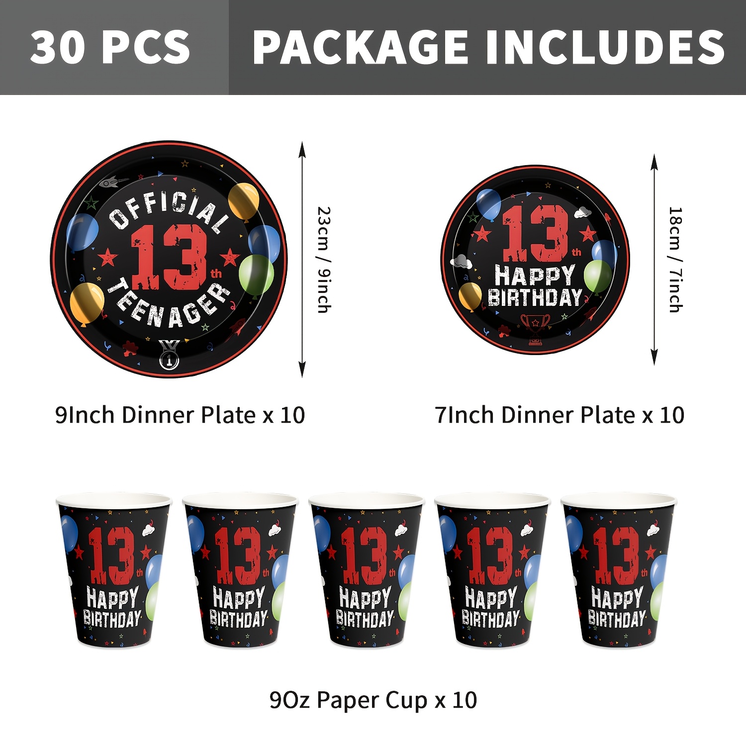 30pcs Red/white 13th Birthday Party Supplies Black Themed 13th Paper Tableware Decorations Plates And Cups Set For 13th Birthday Party Favors I Halloween I Navidad
