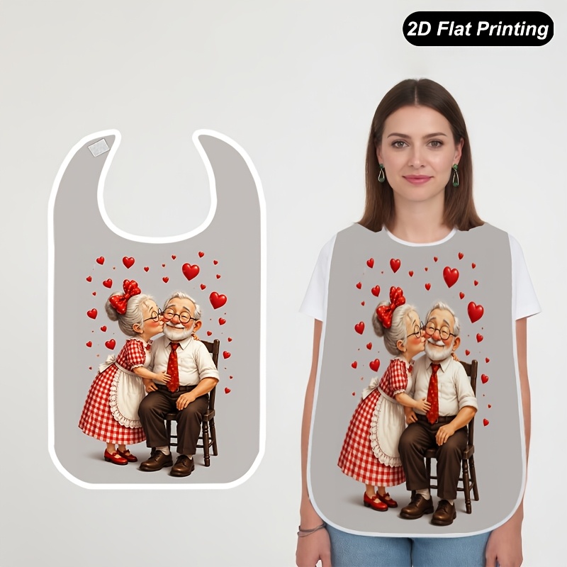 TEMU 1 bavoir 2D plat imprimé pour adultes et personnes âgées, couple de cœur, légère, attrape- pour repas, pour hommes et femmes, impression de