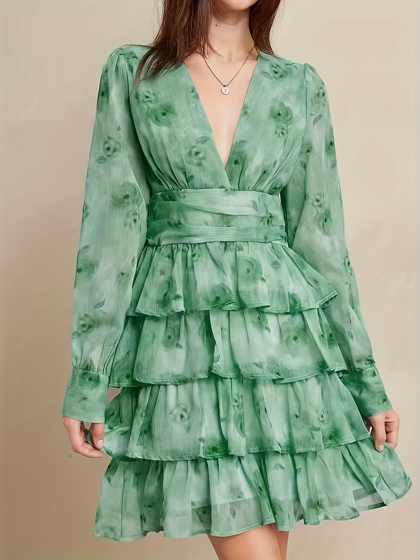 elegant light green floral print v neck long sleeve dress - Temu Oman