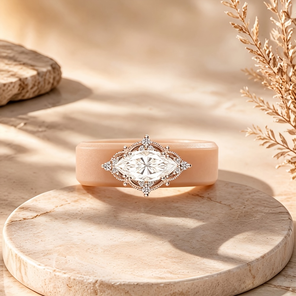 Luxurious Khaki Silicone Ring with Marquise-cut Zirconia