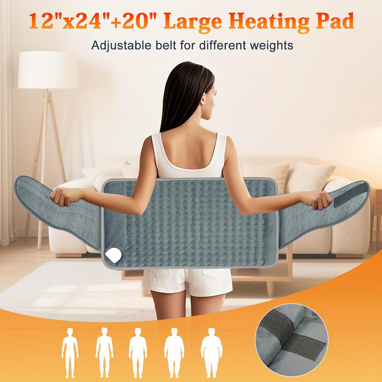 multifunctional heating pad for back, neck and shoulder: multiple heat settings with timer, adjustable strap design, machine washable fleece fabric,   protection and auto shutoff,   an everyday essential for anyone Product details 2