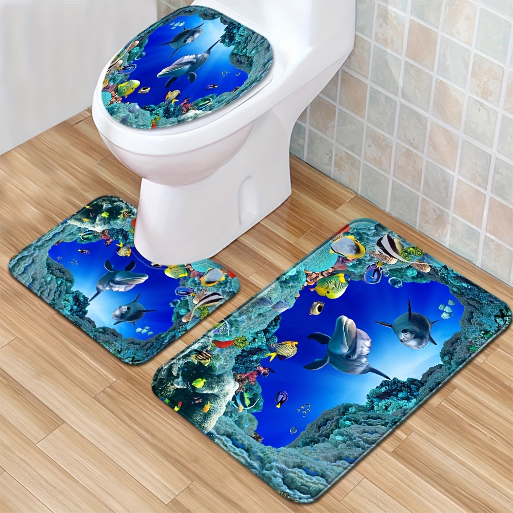 

1/3pcs, Ocean Underwater Cave Fish Bathroom Mat Set, Non-slip Water Absorbent Toilet Cover Rug And Bath Mat With Design For Home Decor