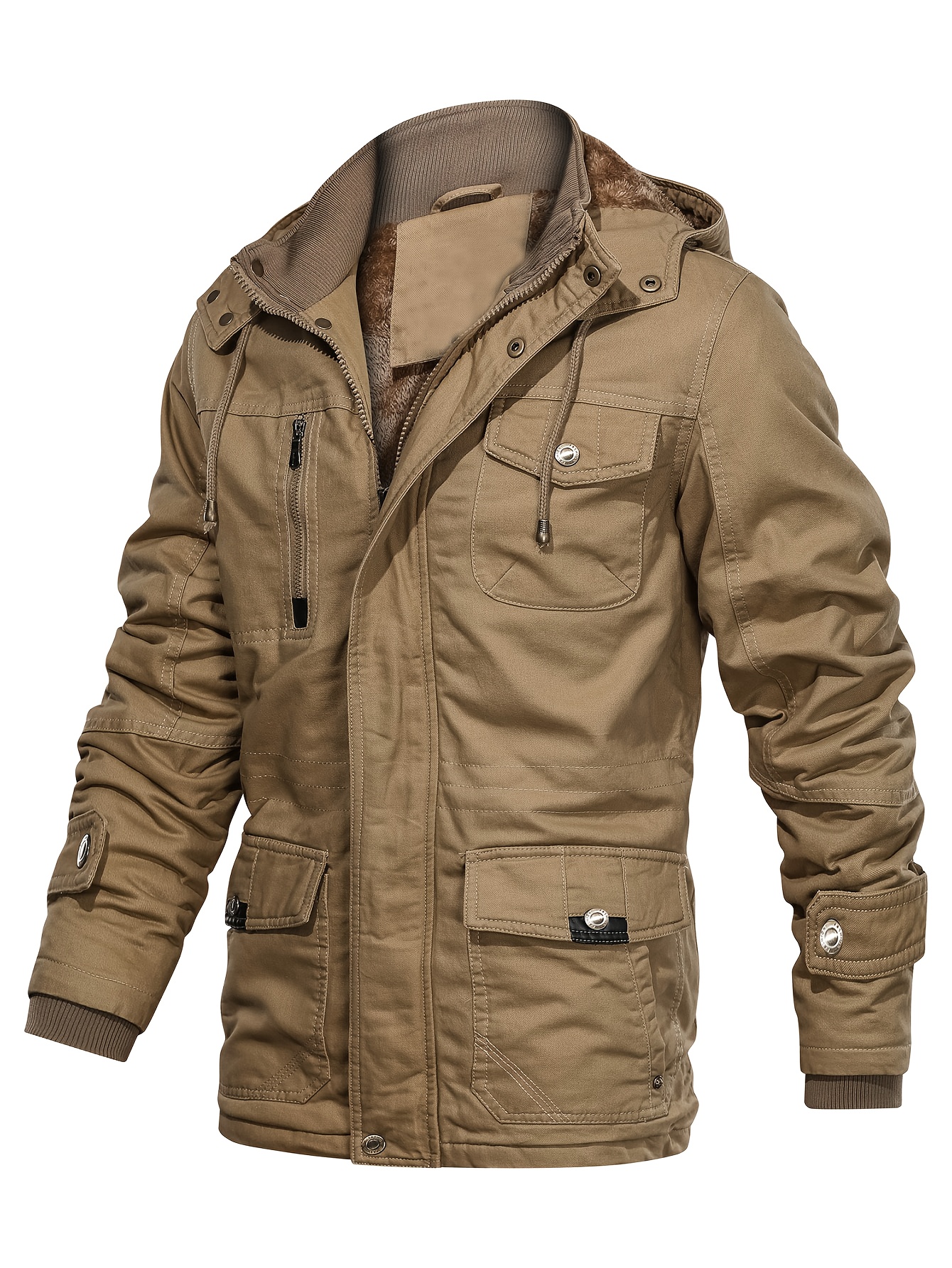 Men'S Thick Winter Hooded Jacket in a Vintage Style Made of 100% Polyester - Warm, Durable, And Featuring Multiple Pockets | Perfect for Hiking, Traveling, And Casual Wear | Snap Button Closure, Long Sleeves