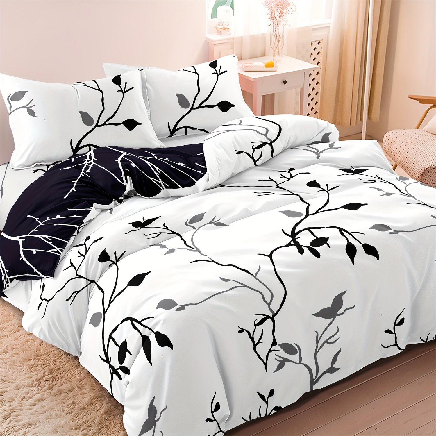 TEMU 3pcs Ab Double-sided Branch Leaf Plant Soft And Comfortable Fluff Quilt Duvet Cover, Bedroom Decoration Bedding Set, For , Room/ Bedroom