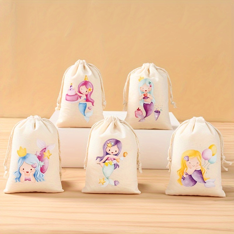 

6-pack Cartoon Mermaid Drawstring Cotton Gift Bags For Birthday, Baby Shower - Party Favors Decoration With Multiple Mermaid Designs