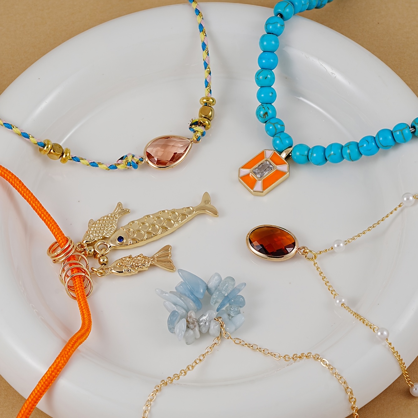 5pc Bohemian Pendant Necklace Set, Multi-Layer with Turquoise Beads
