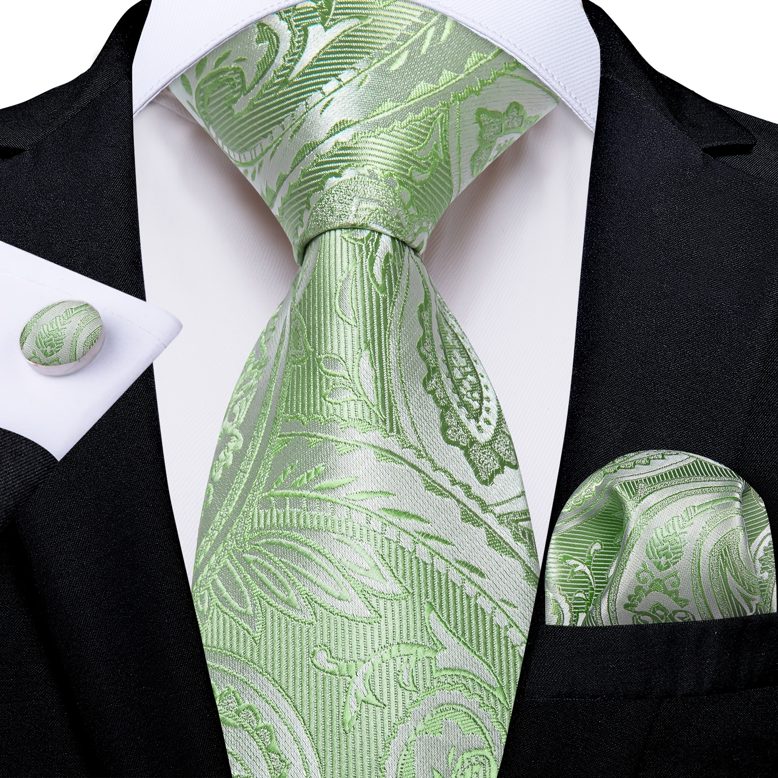 Green Paisley Men's 3pcs Tie Collection, Includes Pocket Square & Cufflinks, For Summer Gatherings, Music Festivals & Presents
