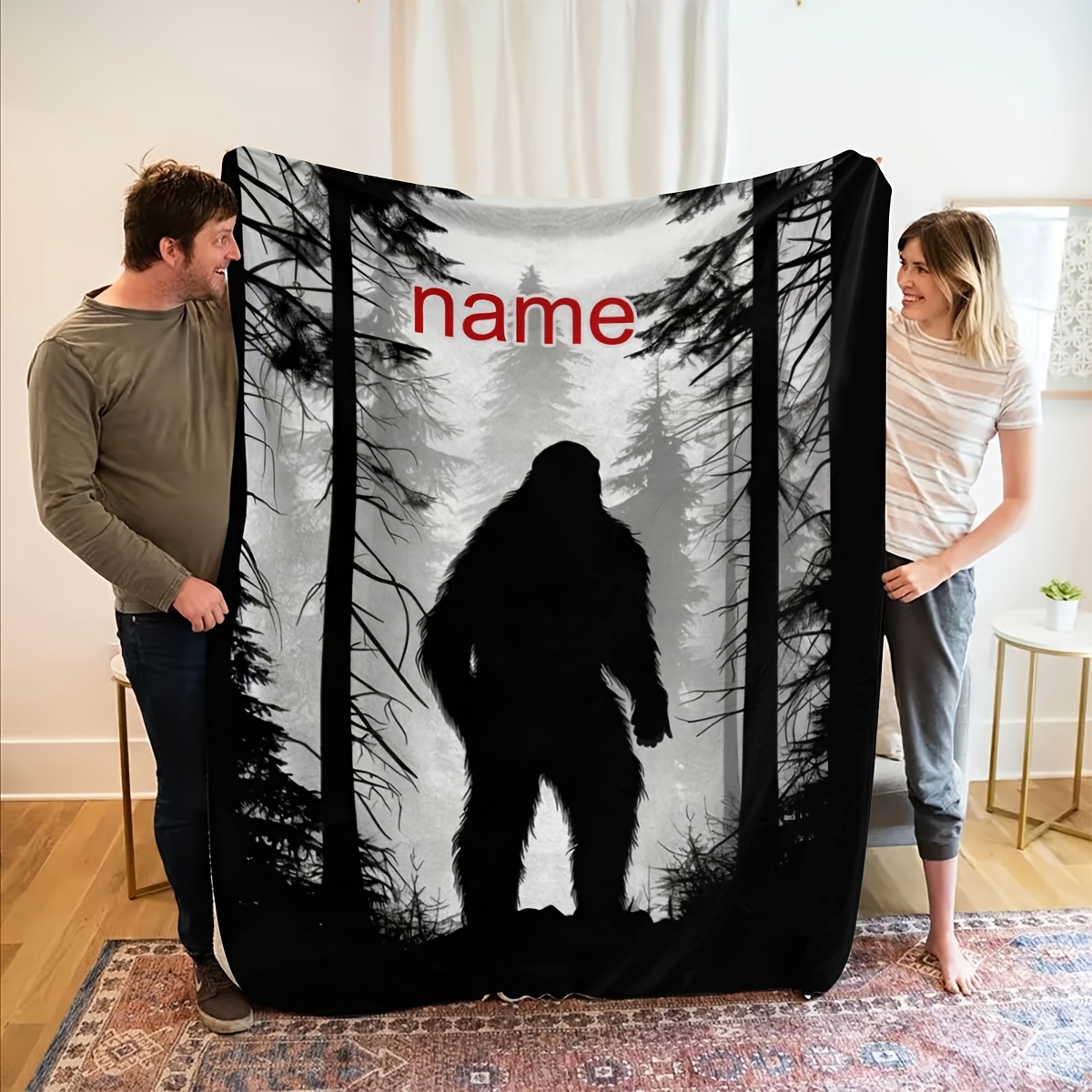 

Customizable Sasquatch Anime Throw Blanket, Contemporary Style, Soft Polyester Flannel, , Lightweight Multipurpose Knitted Throw, With Personalized Name, For Unique Gift Idea