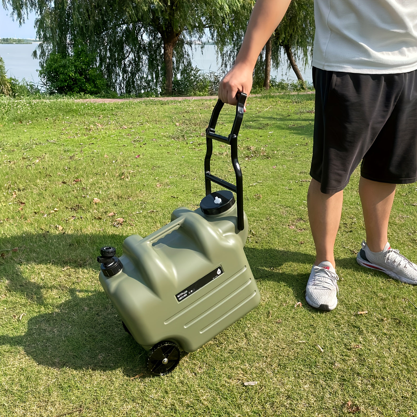 [Portable Water Bucket] 7.4 Gal Portable Water Bucket with Wheels & Pull Rods | Large Capacity PE Square Container, Olive Green with Black Wheels for Camping, Hiking, and Picnics | Outdoor Water Transport, Transportable Water Storage, Durable PE Material