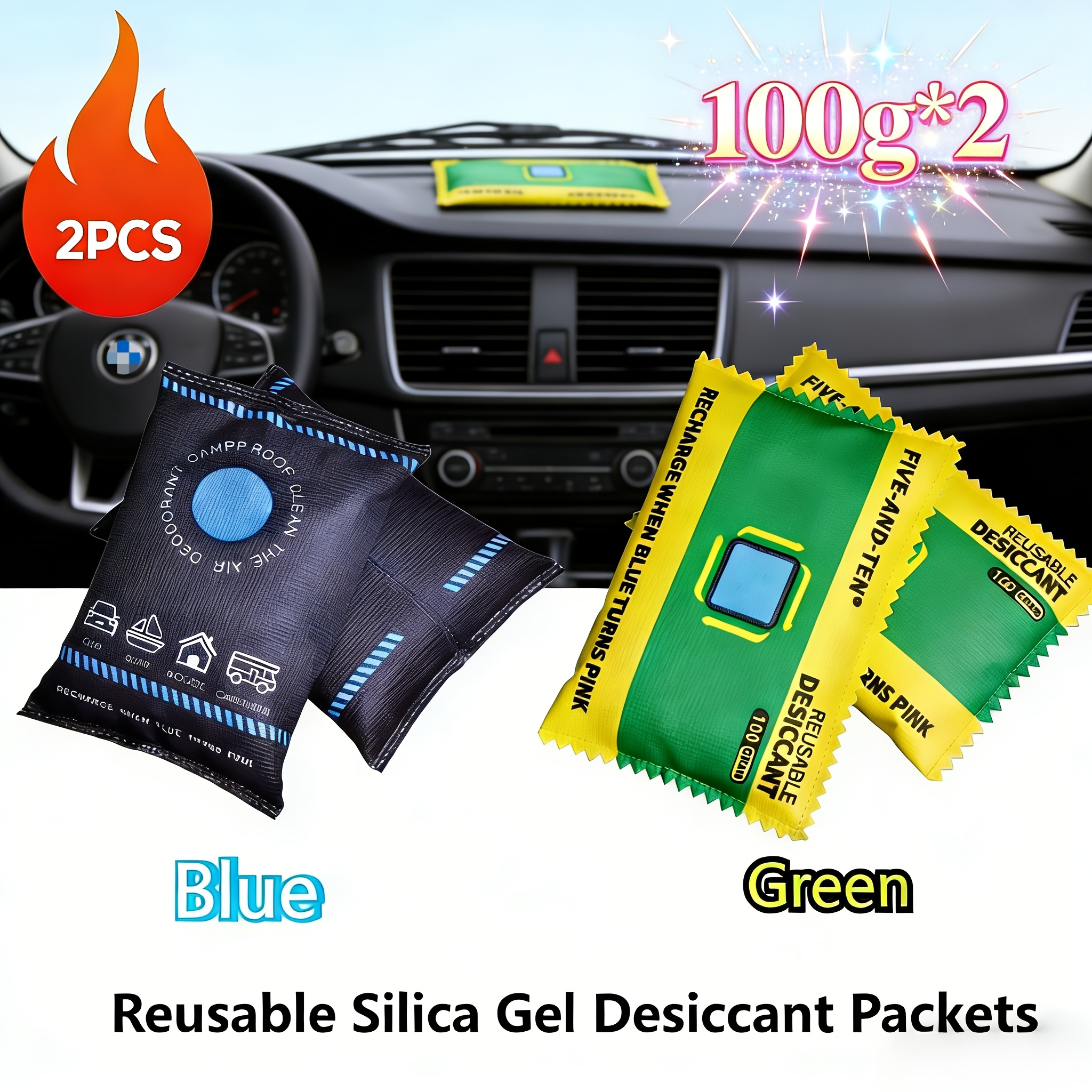 2pcs 100g 2 reusable silica gel desiccant packs car dehumidifier moisture absorber for new car dashboard seats storage windscreen defogging   ideal for crossbody bags handbags jewelry suitcases shoes great housewarming gift