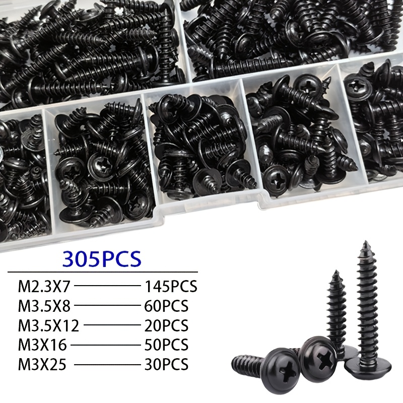 TEMU 305pcs Black Silvery Pieces Of Round Head Screws Pwa With Cushion Nail Set Plating M2/m3/m4 Size Cross Nails Woodworking Screws Suitable For