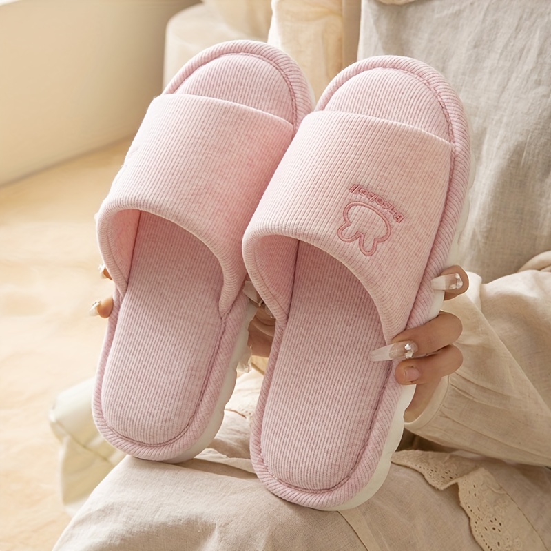 

Linen Slippers For Women, Cute Cartoon Embroidery, Indoor Home Use, Anti-slip Women's Floor Slippers