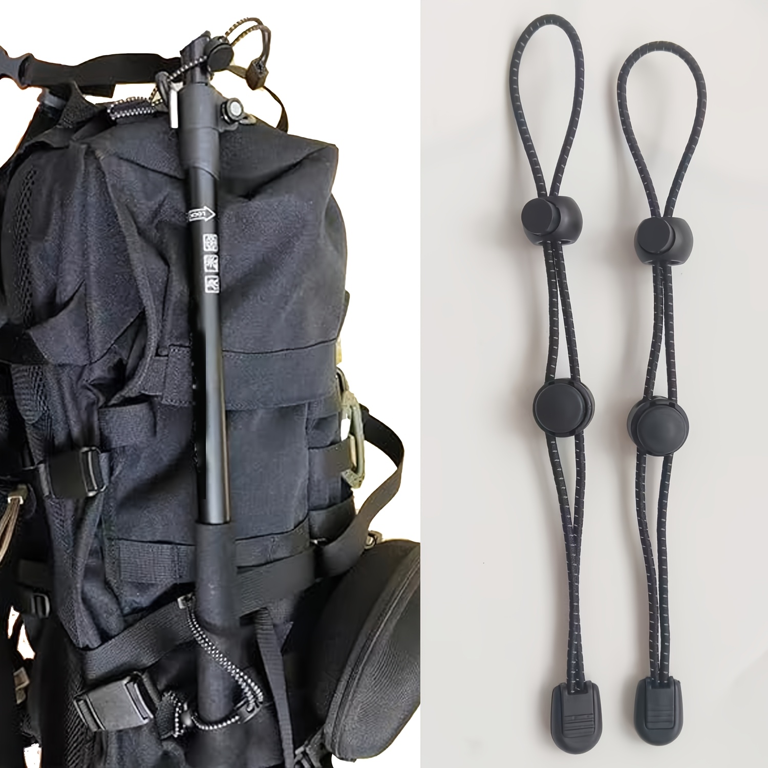 TEMU 2pcs Set Of Black Backpack Hiking Poles With Adjustable Elastic Ropes, Hanging Rope Fasteners, Suitable For Outdoor Hiking, Walking, Night