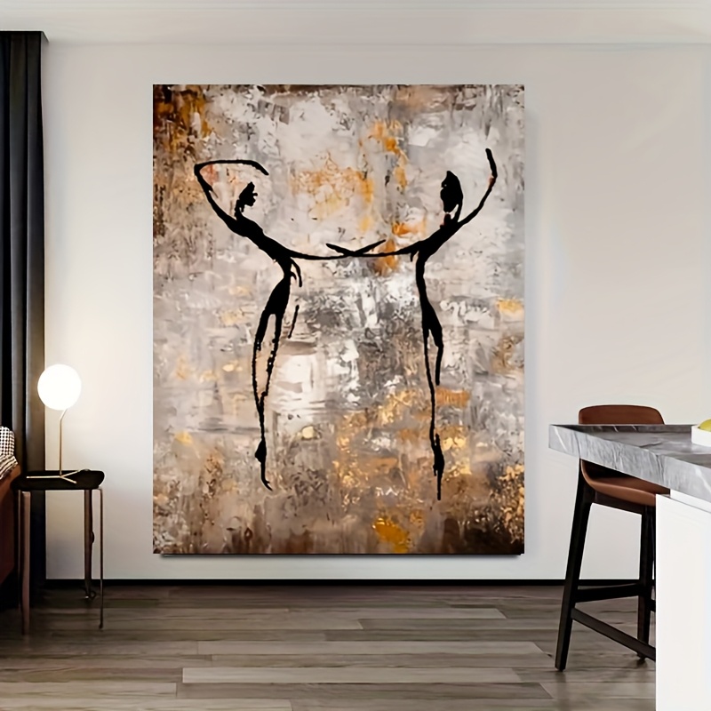 modern abstract dancing women canvas art hand drawn grey golden wall decor for living room bedroom kitchen frameless oil painting style home decoration kitchen artwork   decor handdrawn canvas