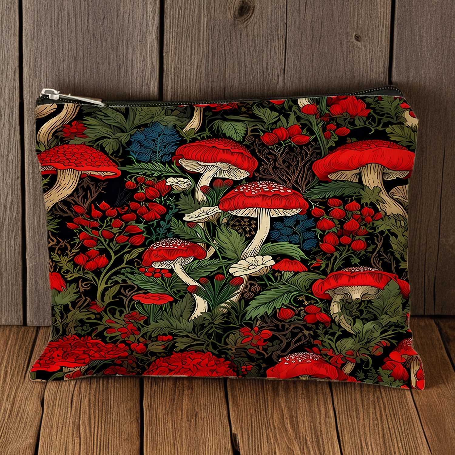 Image of 1pc Vibrant Red Mushroom Makeup Bag - Durable, Non-fading Zipper Pouch, Lightweight & Foldable Travel Organizer With Double-sided Print, Large Capacity, Ideal Gift For Mushroom Enthusiasts &