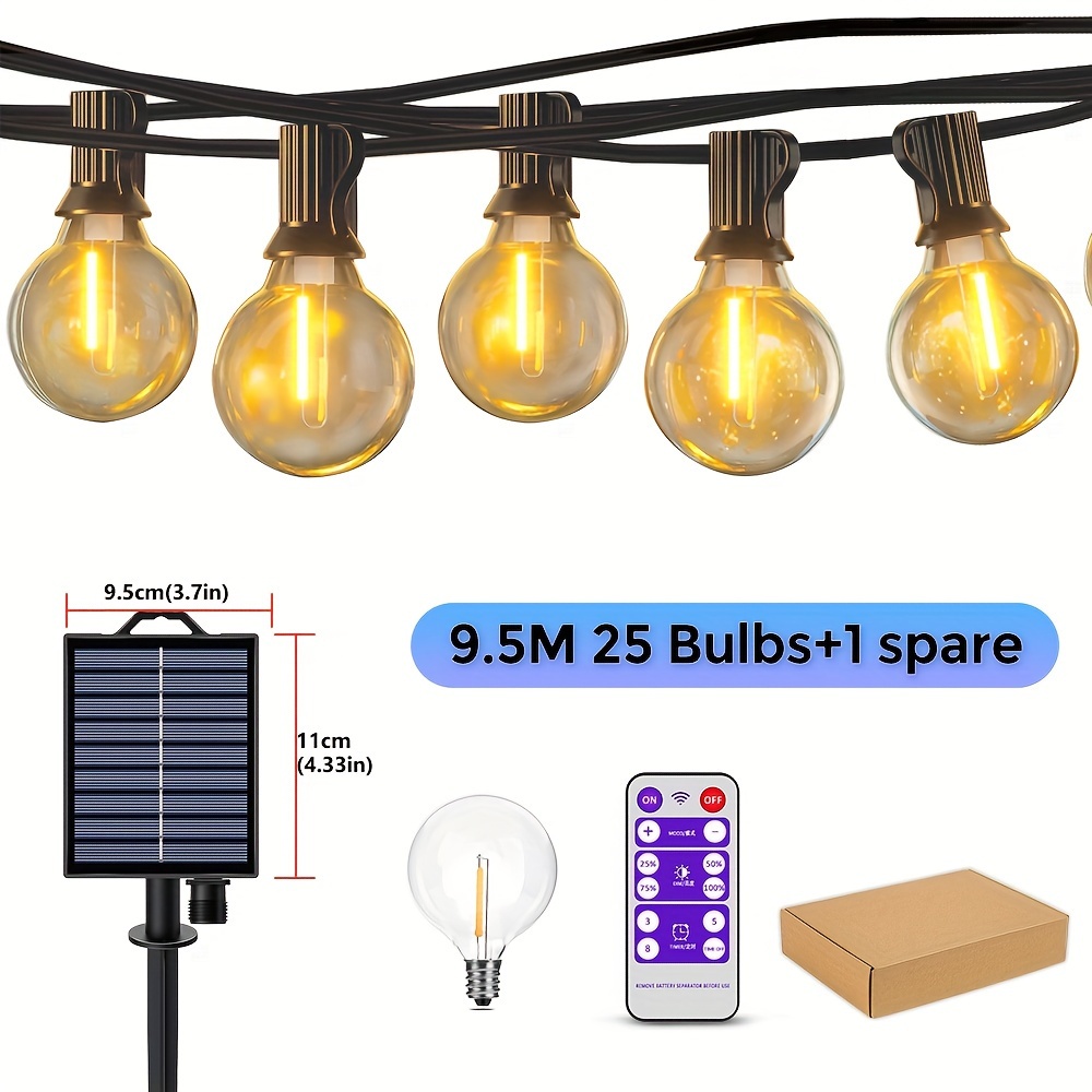 TEMU 1pc G40 Solar String Outdoor Patio Led Lights With Remote Control, 8 Light , , Warm White Shatterproof Bulbs, Pub Christmas Party Decoration