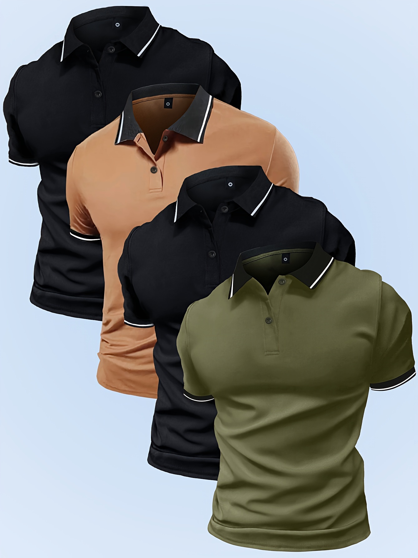 4pcs Men's Summer Shirts - Casual Short Sleeve, Solid Color with Contrast Trim, Lightweight Polyester Blend, Ideal for Sports & Leisure, Shirts for Summer