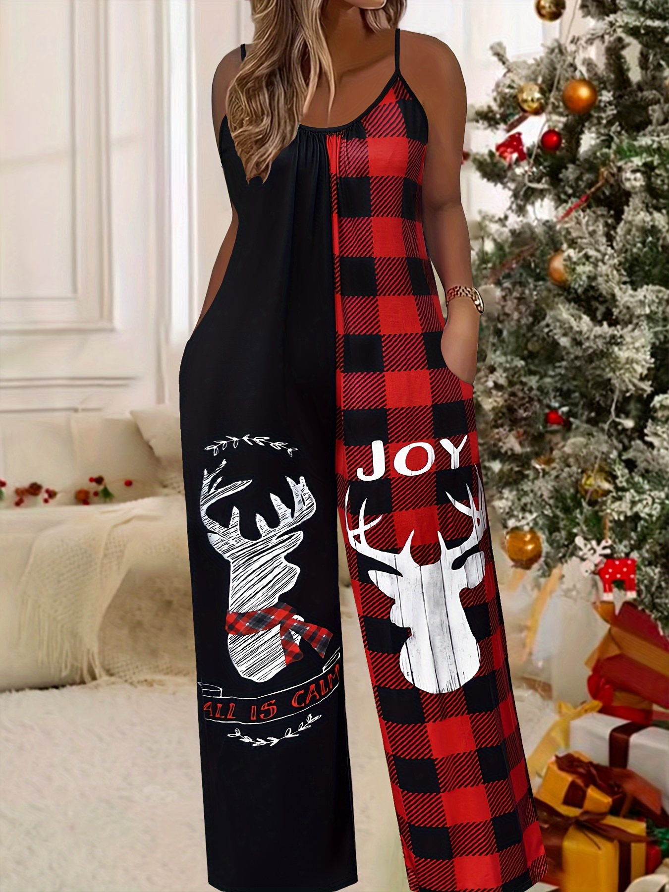 womens stylish christmas printed jumpsuit a round neck - Temu