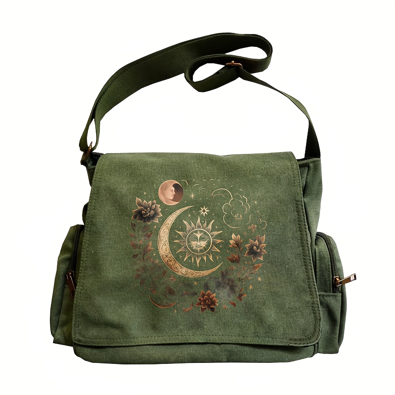 E-shop Große Kapazität Schultertasche, Vintage Klapp-Tote Crossbody Messenger Bag mit Mond-Stern-Blumenmuster, Literarischer Waldstil, Ideal für