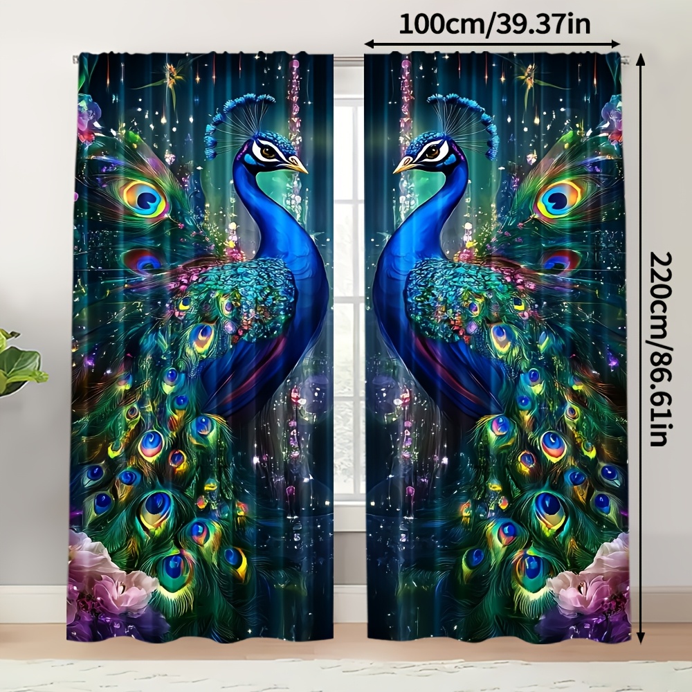 TEMU 2pcs, Curtains&window Peacock 3 Versatile 100% Polyester (without Rod, No Movement, No Battery) Room Decor Use For Bedroom, Living Room, Home