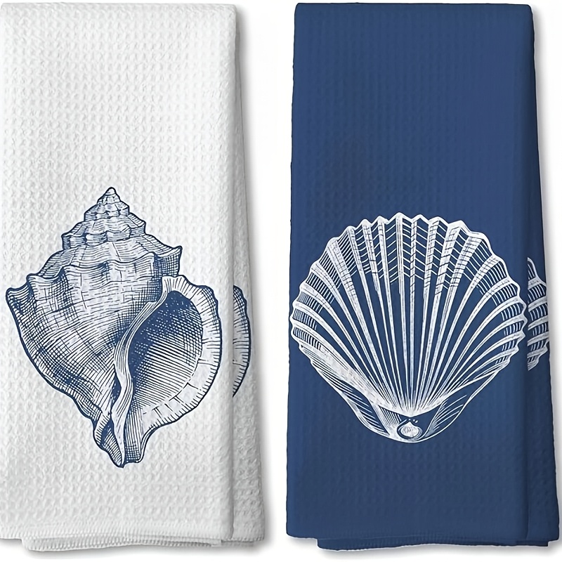 TEMU Navy Beach Kitchen Napkin Tea Towel, 16x24 Inches, Gift For Beach Lovers, Nautical Ocean Shell Decor Dish Towels, Bathroom Kitchen 2pcs Set